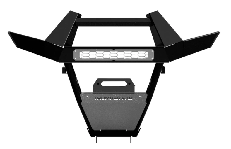 The 2022+ Polaris Ranger 570 SP Mid-Size Front Winch Bumper (Black) features wide side wings, a central honeycomb grille, integrated LED light slot, and a “THUNDERFAB” skid plate, shown front-facing against a white background.