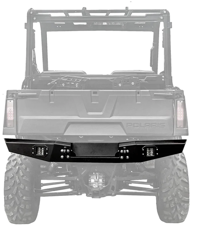 Rear view of a 2015-21 Polaris Ranger 500 / 570 Mid-Size with an OG Rear Winch Bumper (Black), featuring a heavy-duty metal build and square LED lights in focus; terrain tires and undercarriage are also visible.