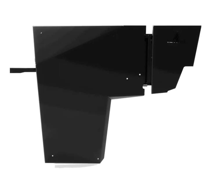 Side view of sleek, black 2015-21 Polaris Ranger 500/570 Mid-Size Half Doors (Single Cab) with a matte finish, angular asymmetrical shape, protrusion, small round holes, cable on the left, and a small logo on the upper right.