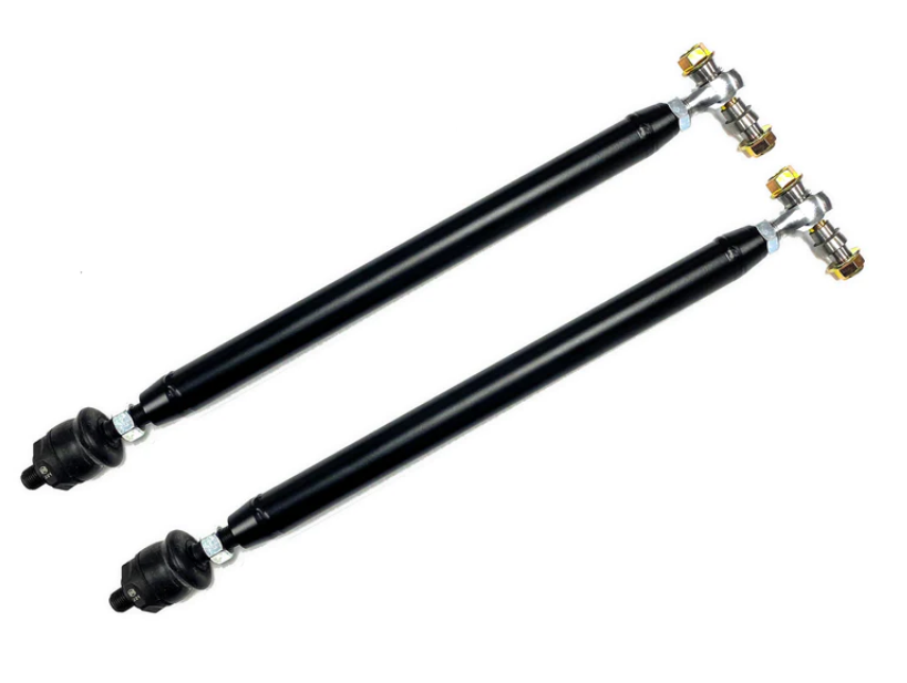 Two black 2020+ Polaris General XP 1000/2019+ RZR XP 1000/2017+ RZR Turbo Heavy Duty Tie Rods are shown parallel on a white background, each featuring a round black bushing at one end and a silver joint with gold nuts and bolts at the other.
