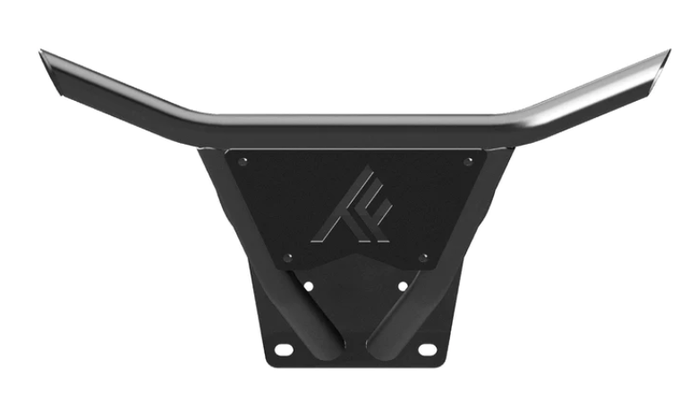 A black, angular metal front winch bumper for the 2022+ Polaris RZR PRO R, featuring a raised V-shaped bar on top and a flat mounting plate with a geometric cut-out logo and two lower mounting holes for a modern, sturdy look.