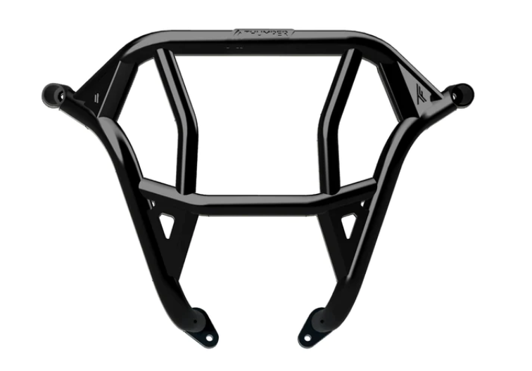 The 2022+ Polaris RZR PRO R Rear Bumper (Black) features a sturdy, tubular black metal frame with a matte finish, angular geometric design, two bottom mounting points, and small side cut-out details for added style and support.
