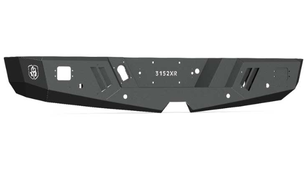 A textured black metal Road Armor Spartan rear bumper for 2015-2019 Chevy/GMC 2500 trucks, featuring geometric beveled edges, cutouts, mounting holes, a white 3152XR code at the center, and a stylized logo on the left.