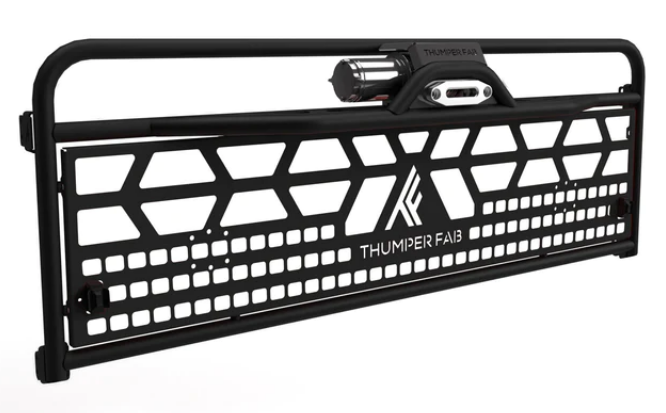The 2018+ Polaris Ranger Winch Headache Rack (Black) features a black metal design with geometric cutouts, a laser-cut logo, tubular frame, top-mounted winch, and lower square holes for utility and style.