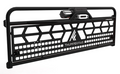 The 2018+ Polaris Ranger Winch Headache Rack (Black) features a black metal design with geometric cutouts, a laser-cut logo, tubular frame, top-mounted winch, and lower square holes for utility and style.