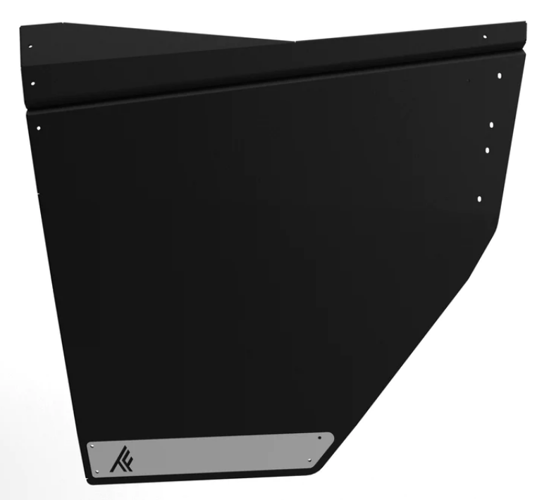 A black, angular metal panel with mounting holes and a silver plate featuring a stylized logo, designed as the 2018+ Polaris Ranger Half Doors (Single Cab/Front) component.