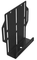 The SPARE TIRE MOUNT for Thumper Fab Ranger & Defender Ultimate Bed Rack (Black) features a black metal bracket with a vertical back plate with elongated slots and round holes, plus a flat base with a front lip for secure spare tire mounting.