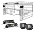 The image shows a grayscale Thumper Fab Ranger & Defender Ultimate Bed Rack with mounted LED light bars and cube lights. Two color LED light bars and two multi-diode cube lights from the Light KIT are displayed at the bottom right.