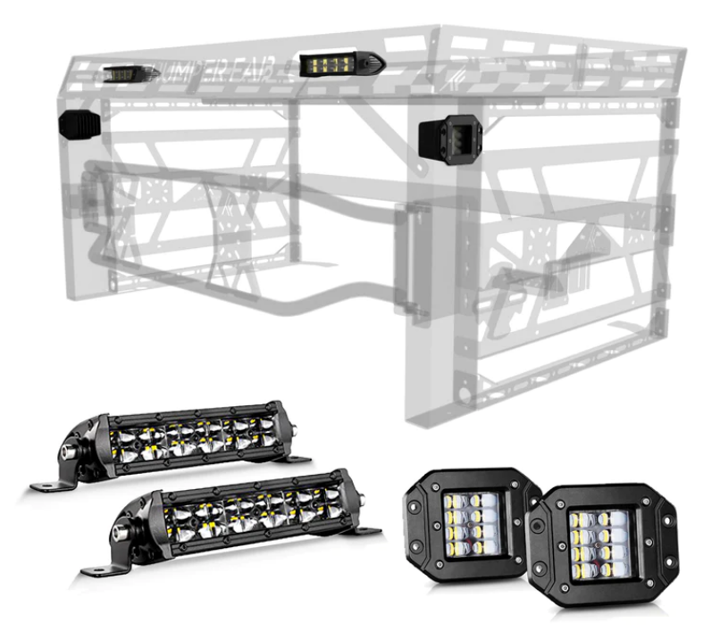 The image shows a grayscale Thumper Fab Ranger & Defender Ultimate Bed Rack with mounted LED light bars and cube lights. Two color LED light bars and two multi-diode cube lights from the Light KIT are displayed at the bottom right.