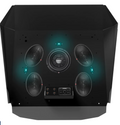 The Level 3 Roof for 2014+ Polaris RZR 900/1000/Turbo 2-Seat features angled sides, a matte black finish, blue accent lighting, five round speakers arranged symmetrically, and a central control panel with buttons and input ports.
