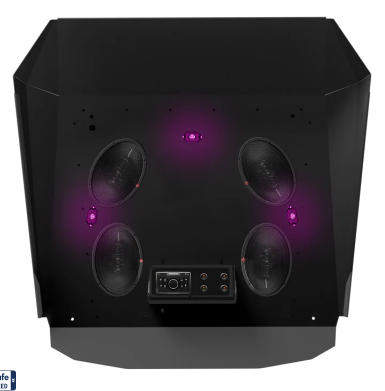 The Level 2 Roof for 2014+ Polaris RZR 900/1000/Turbo 2-Seat features a black panel with five round speakers and four symmetrical purple LED lights, plus a central control panel with buttons and knobs, set on a plain white background.