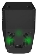 The Level 2 Roof for 2014+ Polaris RZR 900/1000/Turbo 4-Seat features a sturdy, angular black cabinet with four circular speaker cones, illuminated by green lights, and audio input controls and ports visible at the bottom center.