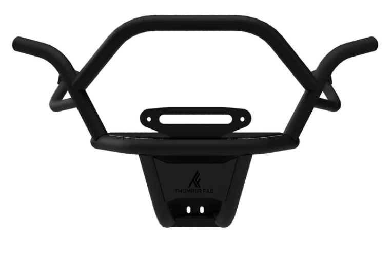 The 2019+ Polaris RZR1K EXTREME Front Winch Bumper (Black) is a matte black metal off-road bumper with a guard bar, mounting plate, center cutout, THUMPER FAB logo, and angled side bars for extra protection.