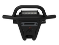 The 2018-21 Polaris RZR Turbo S Front Winch Sport Bumper (NO, Black) features a sturdy, angular design with tubular side rails, an integrated upper LED light bar, central winch slot, and a front AR logo accented in red.