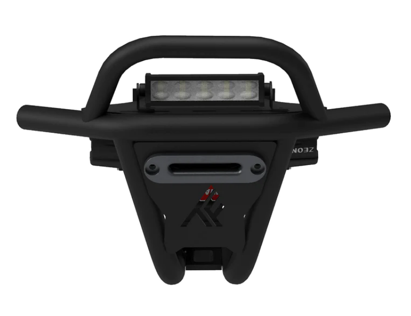 The 2018-21 Polaris RZR Turbo S Front Winch Sport Bumper (NO, Black) features a sturdy, angular design with tubular side rails, an integrated upper LED light bar, central winch slot, and a front AR logo accented in red.