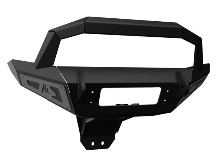 The 2016+ Polaris General Front Winch Bumper (NO, Black) is displayed on a white background, showcasing an angular steel design with a center hoop, winch and light cutouts, mounting holes, and reinforced corners for rugged off-road use.