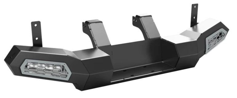 The Polaris 2016+ Polaris General Winch-Ready Rear Bumper (NO, Black) is a rugged, modern black metal bumper with silver mesh grille sections, multiple mounting brackets, and a flat center for attachment—ideal for off-road or heavy-duty use.
