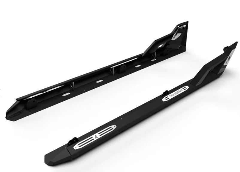 The image displays two black 2017+ Polaris General 4 CREW Nerf Rail Rock Sliders with angled ends, silver logo accent plates, and mounting brackets on a white background. Each slider has multiple mounting holes for easy vehicle installation.