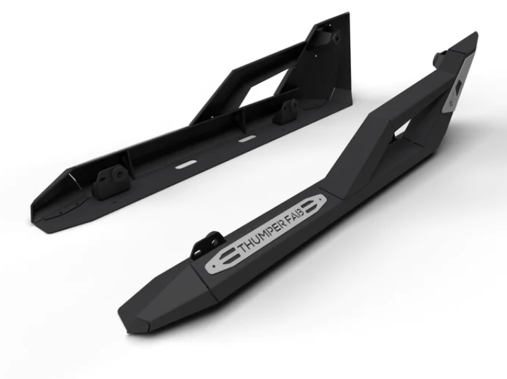 Shown are two black 2016+ Polaris General Nerf Rail Rock Sliders (2-Seat) with an angular, rugged metal design, mounting brackets, geometric cutouts, and a THUMPER FAB label on a silver plate—all displayed against a white background.