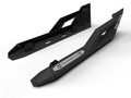 Shown are two black 2016+ Polaris General Nerf Rail Rock Sliders (2-Seat) with an angular, rugged metal design, mounting brackets, geometric cutouts, and a THUMPER FAB label on a silver plate—all displayed against a white background.