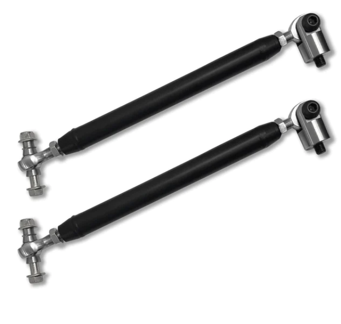 Two black 2017-2021 Polaris General Heavy Duty Tie Rods (Stock & Forward A-Arms) with silver adjustable ball joint ends are shown diagonally on a white background, each featuring cylindrical centers and pivoting joints at both ends.