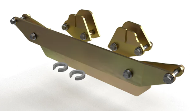The 2020+ Polaris GENERAL XP Lift Kit - 3 inch includes a gold-colored metal bracket with angled ends and mounted bolts, two matching bracket mounts on either side, and two small C-shaped metal clips, all displayed on a white background.