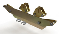 The 2020+ Polaris GENERAL XP Lift Kit - 3 inch includes a gold-colored metal bracket with angled ends and mounted bolts, two matching bracket mounts on either side, and two small C-shaped metal clips, all displayed on a white background.