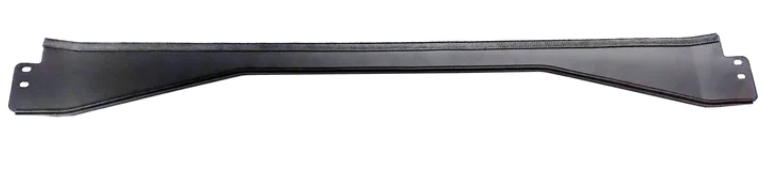 The 2017+ Can-Am Defender Limited Audio Roof Rear Cab Windshield Seal is a black, flat metal bracket with two holes at each end, a narrow center, and wider angled ends. It features a smooth matte finish and is photographed on a plain white background.