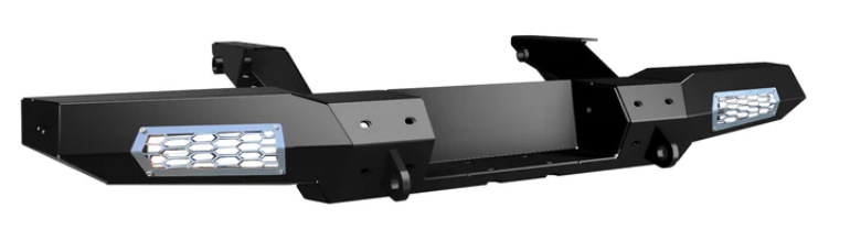 The 2018+ Can-Am Defender Rear ELITE Winch Bumper is shown in black angular metal with two hexagonal mesh cutouts featuring silver trim, top mounting brackets, and a rugged design ideal for off-road vehicles, displayed against a white background.