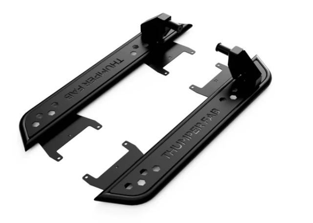 A pair of black 2016+ Can-Am Defender 3-Seat Nerf Rails with mounting brackets, each labeled THUNDER FAB, are shown on a white background. The rails have multiple cutouts and angular edges for a rugged appearance.