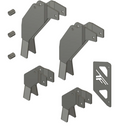 A digital image displays the Can-Am Defender Bracket Lift Kit - 3 Inch, featuring four angular metal brackets with holes, three cylindrical spacers, and a flat plate with a logo and two cutouts—components likely for mounting or support.