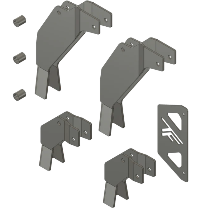 A digital image displays the Can-Am Defender Bracket Lift Kit - 3 Inch, featuring four angular metal brackets with holes, three cylindrical spacers, and a flat plate with a logo and two cutouts—components likely for mounting or support.