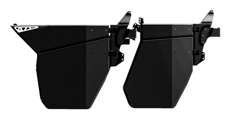 Two matte black 2018+ Can-Am Defender MAX Half Doors (CREW) are shown side by side in profile. They have sharp geometric lines, mounting brackets, a minimalist modern look, and a small logo on the top left of the left door.