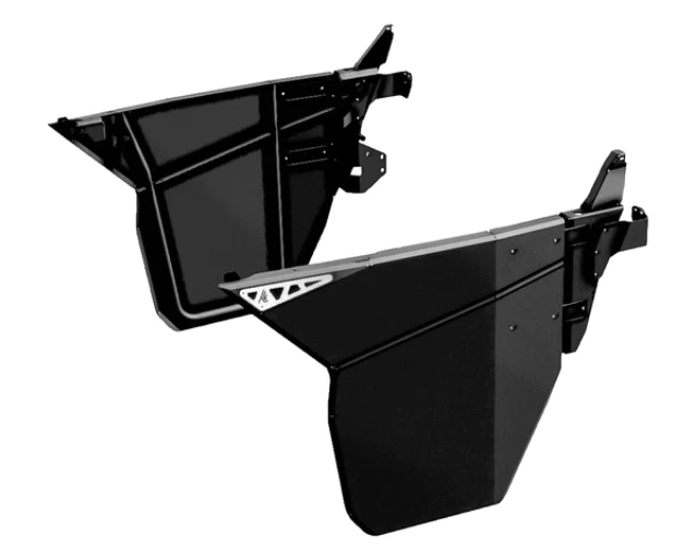 Two angular black metal panels with geometric cutouts and mounting brackets, designed as 2016+ Can-Am Defender Half Doors (Single Cab / Front), feature sharp lines and reinforced edges for protection and style.