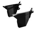 Two angular black metal panels with geometric cutouts and mounting brackets, designed as 2016+ Can-Am Defender Half Doors (Single Cab / Front), feature sharp lines and reinforced edges for protection and style.