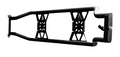 The Can-Am Defender Bed Rack Tailgate (Black) features a black metal frame with two rectangular panels showcasing X-shaped cut-outs, a bolt on one end, and a mounting bracket on the other, set against a white background.