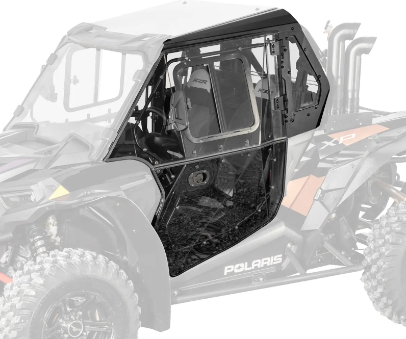 A Polaris RZR S 1000 Cab Enclosure with semi-transparent glass windows and a black frame is installed on the drivers side of the vehicle, shown highlighted and detailed while the rest of the Polaris off-road vehicle appears faded.