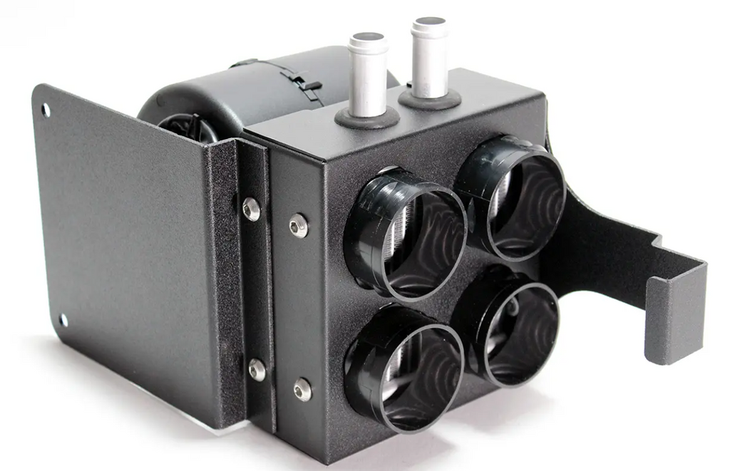 A black, rectangular metal Inferno Cab Heater Kit with four front air vents, two silver cylindrical controls on top, and a side mounting bracket with multiple screws for the 2019-current Cf Moto U-Force 1000.