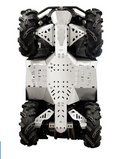 A top-down view of a CanAm G2 Outlander MAX (2013-2016) with an aluminium skid plate full set featuring geometric cutouts, rugged tires, and suspension—highlighting its durable construction for off-road terrains.