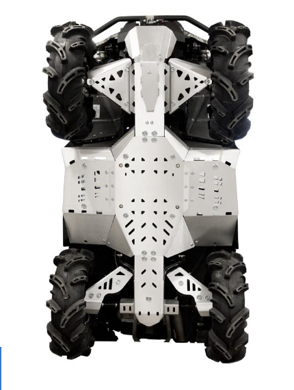 A top-down view of a CanAm G2 Outlander MAX (2013-2016) with an aluminium skid plate full set featuring geometric cutouts, rugged tires, and suspension—highlighting its durable construction for off-road terrains.