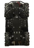 A top-down view of a CanAm G2 Outlander MAX (2013-2016) with a Skid Plate Full Set (plastic), highlighting its black undercarriage, rugged suspension, four treaded tires, and protective plastic plates secured by visible hardware.
