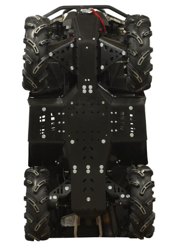 A top-down view of a CanAm G2 Outlander MAX (2013-2016) with a Skid Plate Full Set (plastic), highlighting its black undercarriage, rugged suspension, four treaded tires, and protective plastic plates secured by visible hardware.