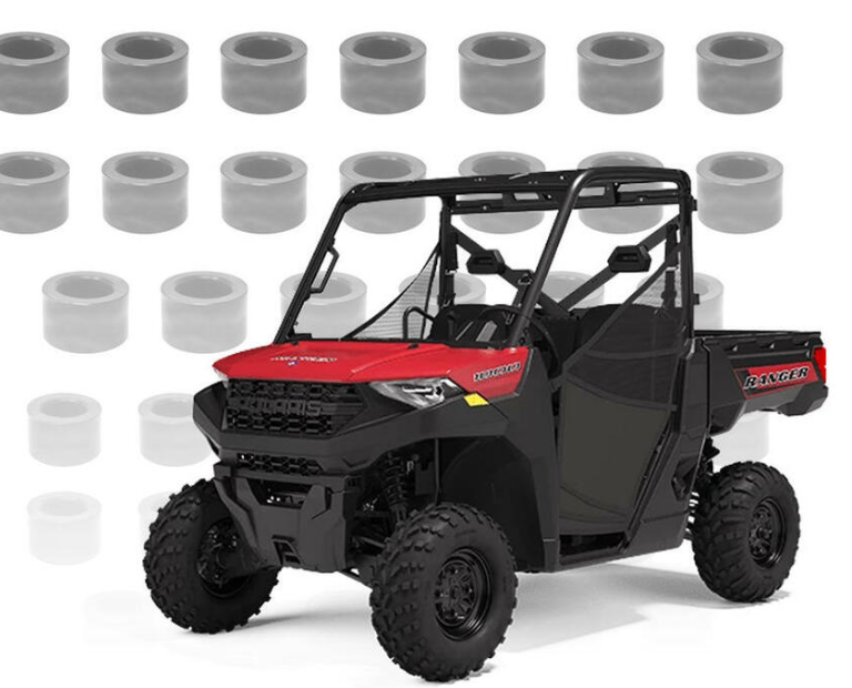 A Titan Polaris Ranger XP 1000 (2018+ Body Style) / Ranger 1000 HD Bushing Kit is displayed, with multiple cylindrical gray bushings arranged in rows on a white background, highlighting their fit for Polaris Ranger side-by-side vehicles.