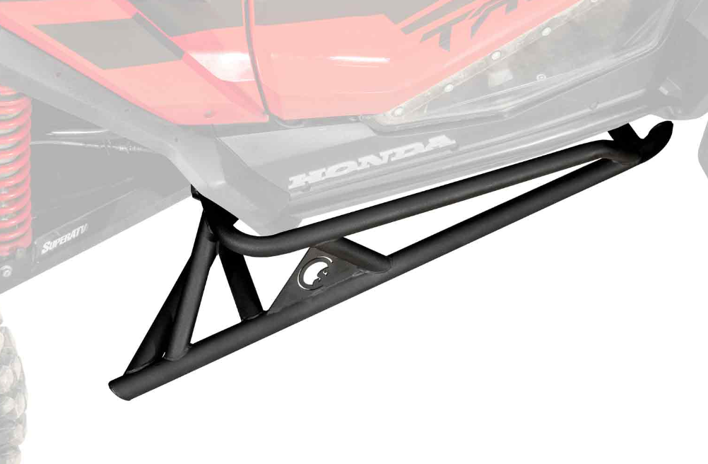 Honda Talon 1000R Tree Kickers are shown in black metal, mounted to the lower side of a red Honda off-road vehicle, with a focus on their angular, tubular design against a white background.