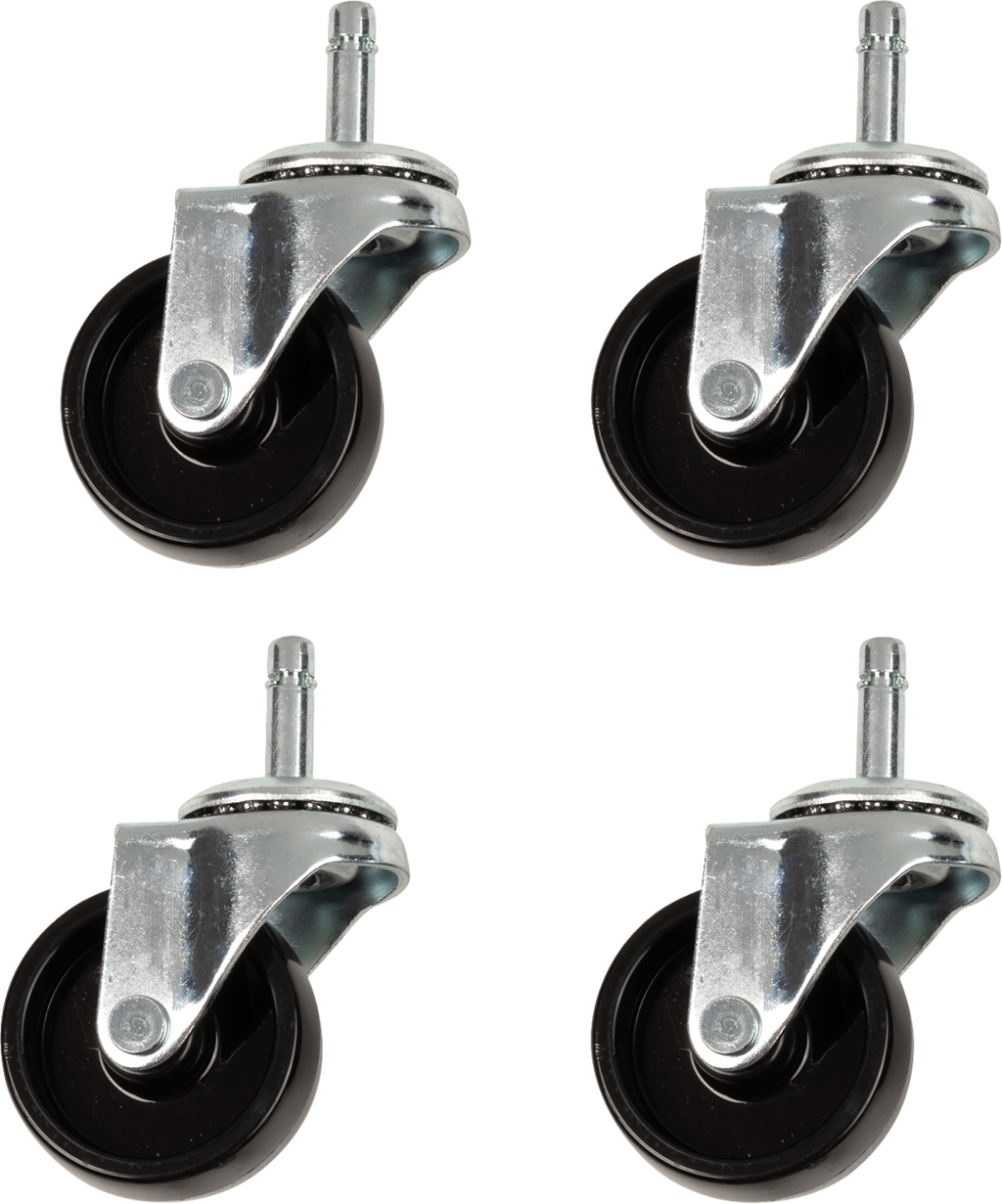 Four black and silver swivel caster wheels with metal brackets and cylindrical stems are evenly spaced on a white background, positioned in a square arrangement with each wheel angled slightly to the side.