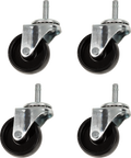 Four black and silver swivel caster wheels with metal brackets and cylindrical stems are evenly spaced on a white background, positioned in a square arrangement with each wheel angled slightly to the side.