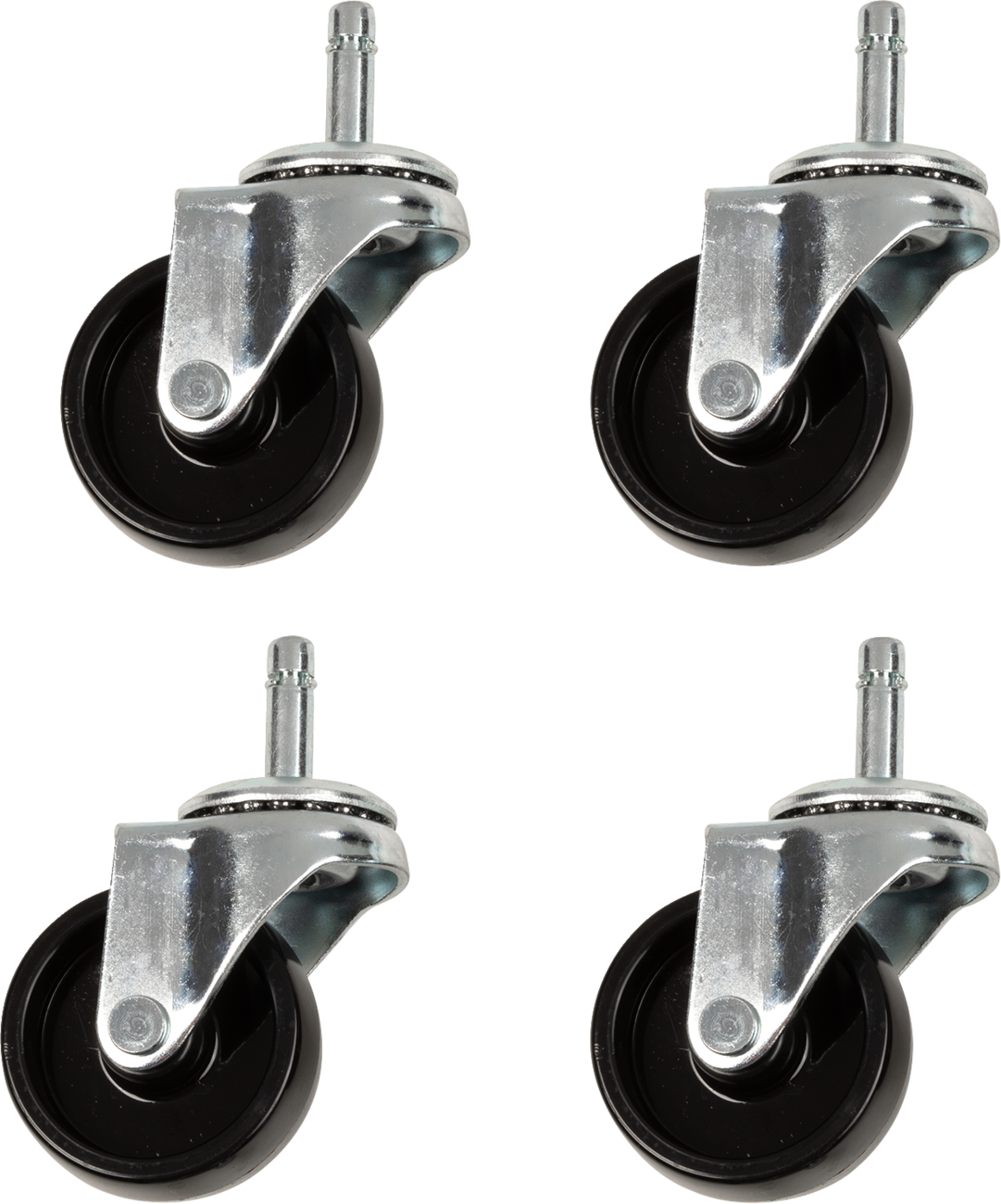 Four black and silver swivel caster wheels with metal brackets and cylindrical stems are evenly spaced on a white background, positioned in a square arrangement with each wheel angled slightly to the side.
