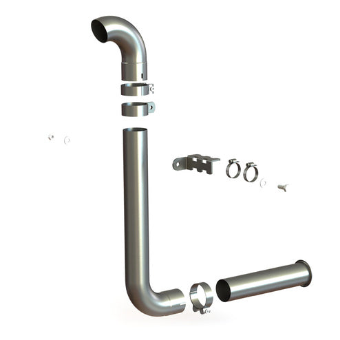 A digitally rendered, exploded view of the Yamaha Grizzly Snorkel shows separated parts—including clamps, rings, a bracket, screws, and an extension tube—against a white background. Components are spaced apart to illustrate assembly.