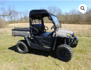 A camouflage-patterned Hisun 550/750 UTV with a black roof is parked on grassy terrain among leafless trees under a clear sky, featuring large off-road tires and an open cargo bed. Also available: Bennche Cowboy, Vector, Massimo Knight, and Coleman Outfit