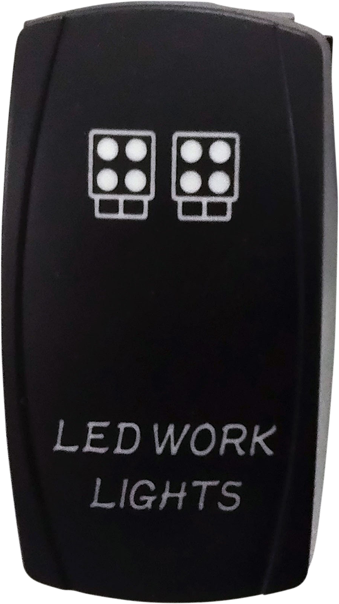 A black rocker switch labeled LED WORK LIGHTS in white text, featuring two stylized icons of LED light panels with four small white dots each, representing the lights. The switch is slightly curved and has a matte finish.